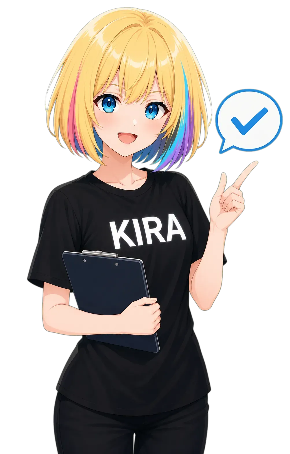 Kira sostiene un portapapeles con una marca de verificación.