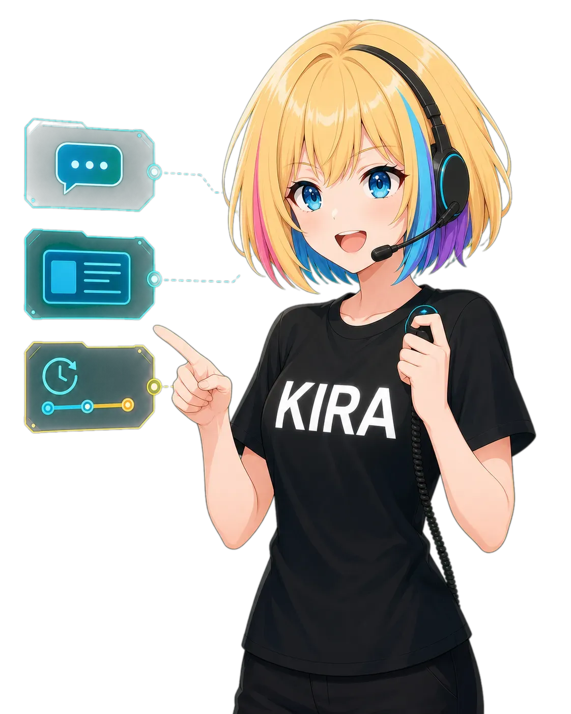 Kira con auriculares y pulsar para hablar, con señales de chat Direct, tarjetas Cards y agenda.